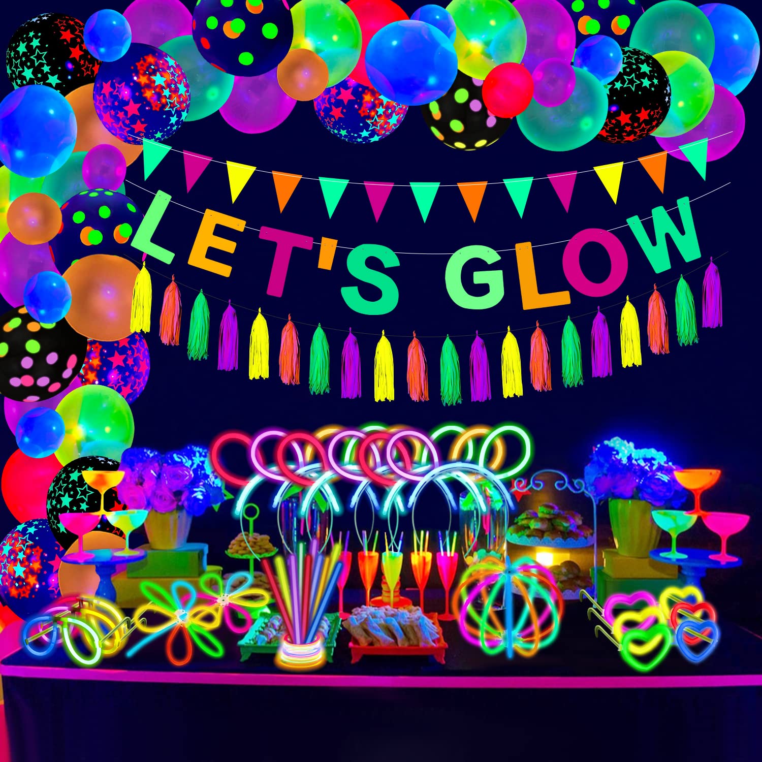 209 Pack Glow Party Supplies Glow Sticks Party Pack Glow Themed Party Hanging Decorations Birthday Party Decoration Tablecloth, Balloons, Sticks, Tassels, Glasses, Headband for Neon Party Decorations