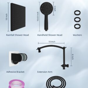 Hibbent Thickness 10'' Rain Shower Head, High Pressure Handheld Spray, Showerhead Combo with 16'' Adjustable Arc Shower Extension Arm, 7 Settings, 71'' Hose, Adhesive Shower Holder, Oil-Rubbed Bronze