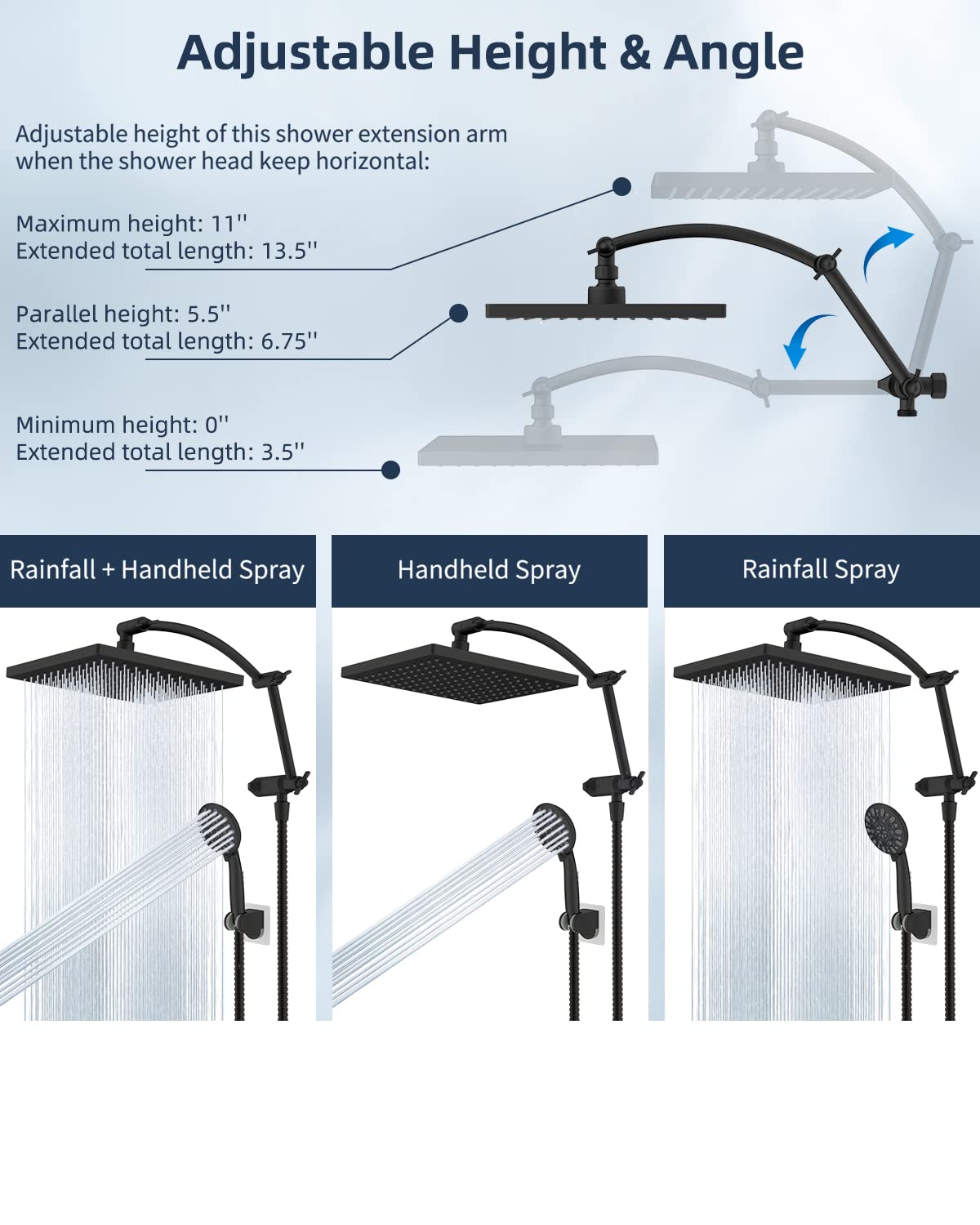 Hibbent Thickness 10'' Rain Shower Head, High Pressure Handheld Spray, Showerhead Combo with 16'' Adjustable Arc Shower Extension Arm, 7 Settings, 71'' Hose, Adhesive Shower Holder, Oil-Rubbed Bronze