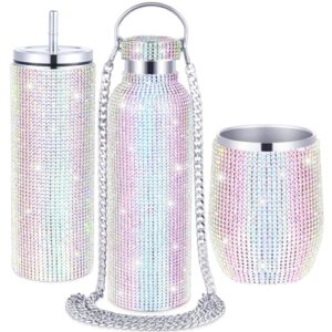 rtteri 3 pcs rhinestone water bottle ab color diamond glitter tumbler insulated bling tumbler with chain bling cup with lids stainless steel rhinestone tumbler diamond thermal mug set for women girl