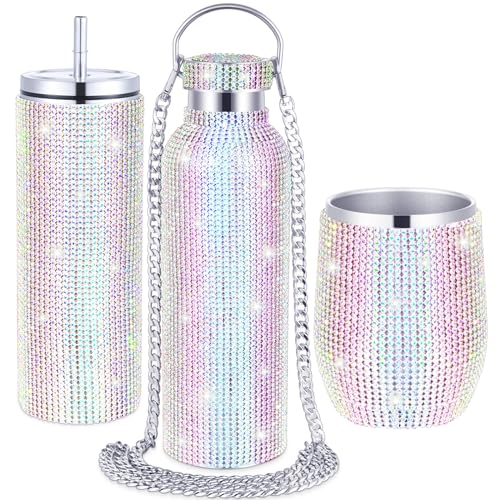 Rtteri 3 Pcs Rhinestone Water Bottle AB Color Diamond Glitter Tumbler Insulated Bling Tumbler with Chain Bling Cup with Lids Stainless Steel Rhinestone Tumbler Diamond Thermal Mug Set for Women Girl
