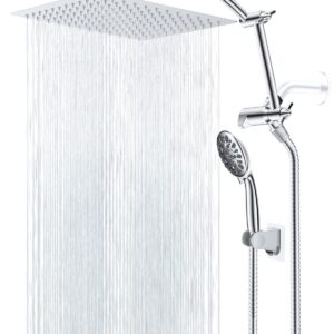 Hibbent All Metal Shower Head,10'' High Pressure Rain Shower Head/Handheld Showerhead Combo with 16'' Adjustable Arc-shaped Shower Extension Arm, 7-Spray, 71'' Hose Adhesive Showerhead Holder, Chrome