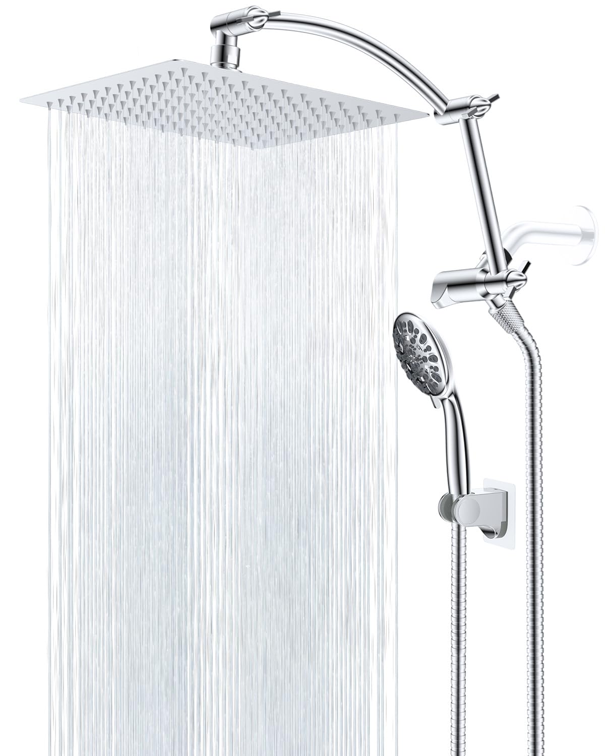 Hibbent All Metal Shower Head,10'' High Pressure Rain Shower Head/Handheld Showerhead Combo with 16'' Adjustable Arc-shaped Shower Extension Arm, 7-Spray, 71'' Hose Adhesive Showerhead Holder, Chrome