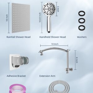 Hibbent All Metal Shower Head,10'' High Pressure Rain Shower Head/Handheld Showerhead Combo with 16'' Adjustable Arc-shaped Shower Extension Arm, 7-Spray, 71'' Hose Adhesive Showerhead Holder, Chrome