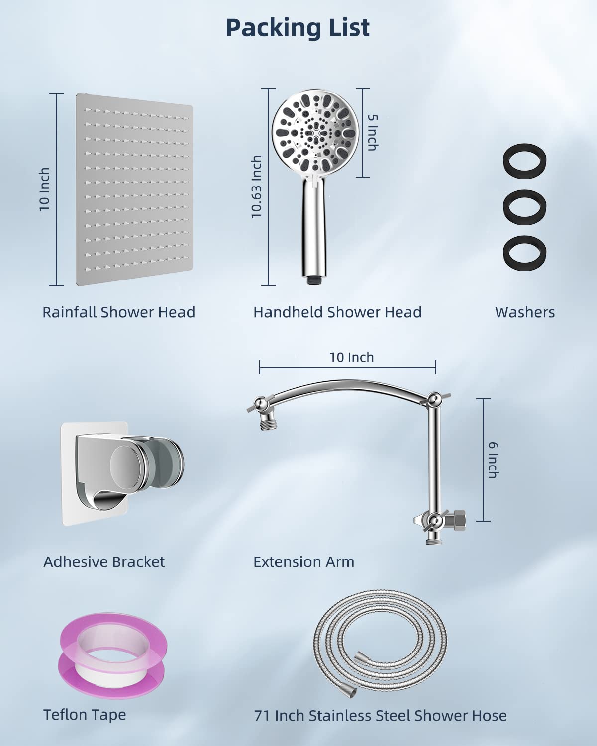 Hibbent All Metal Shower Head,10'' High Pressure Rain Shower Head/Handheld Showerhead Combo with 16'' Adjustable Arc-shaped Shower Extension Arm, 7-Spray, 71'' Hose Adhesive Showerhead Holder, Chrome