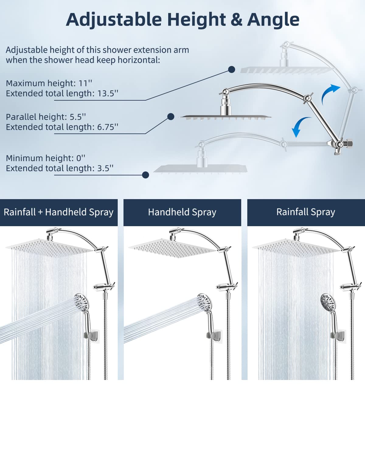 Hibbent All Metal Shower Head,10'' High Pressure Rain Shower Head/Handheld Showerhead Combo with 16'' Adjustable Arc-shaped Shower Extension Arm, 7-Spray, 71'' Hose Adhesive Showerhead Holder, Chrome