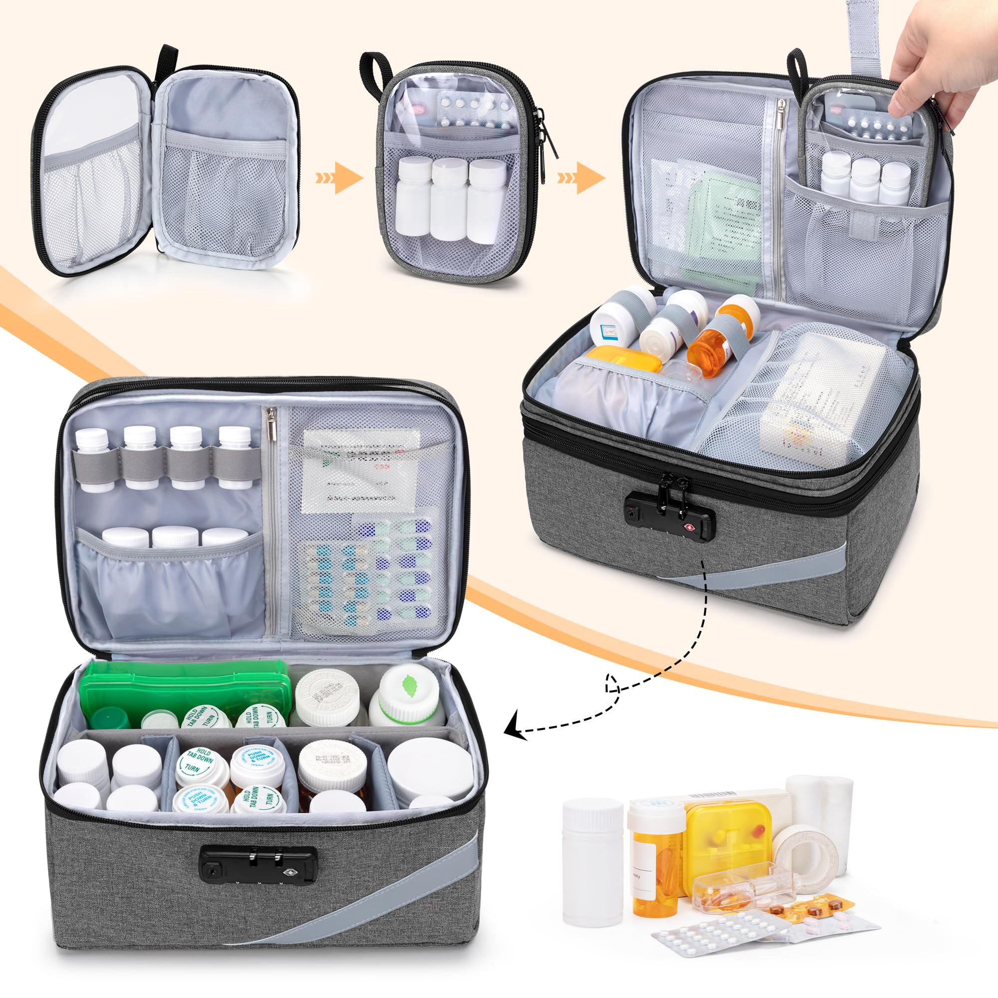 Trunab Medicine Storage Bag with Combination Lock, Lockable Pill Bottle Organizer, Travel Medication Carry Case for Medicine Box, Prescription, Vitamins,Supplements or Medical Supplies