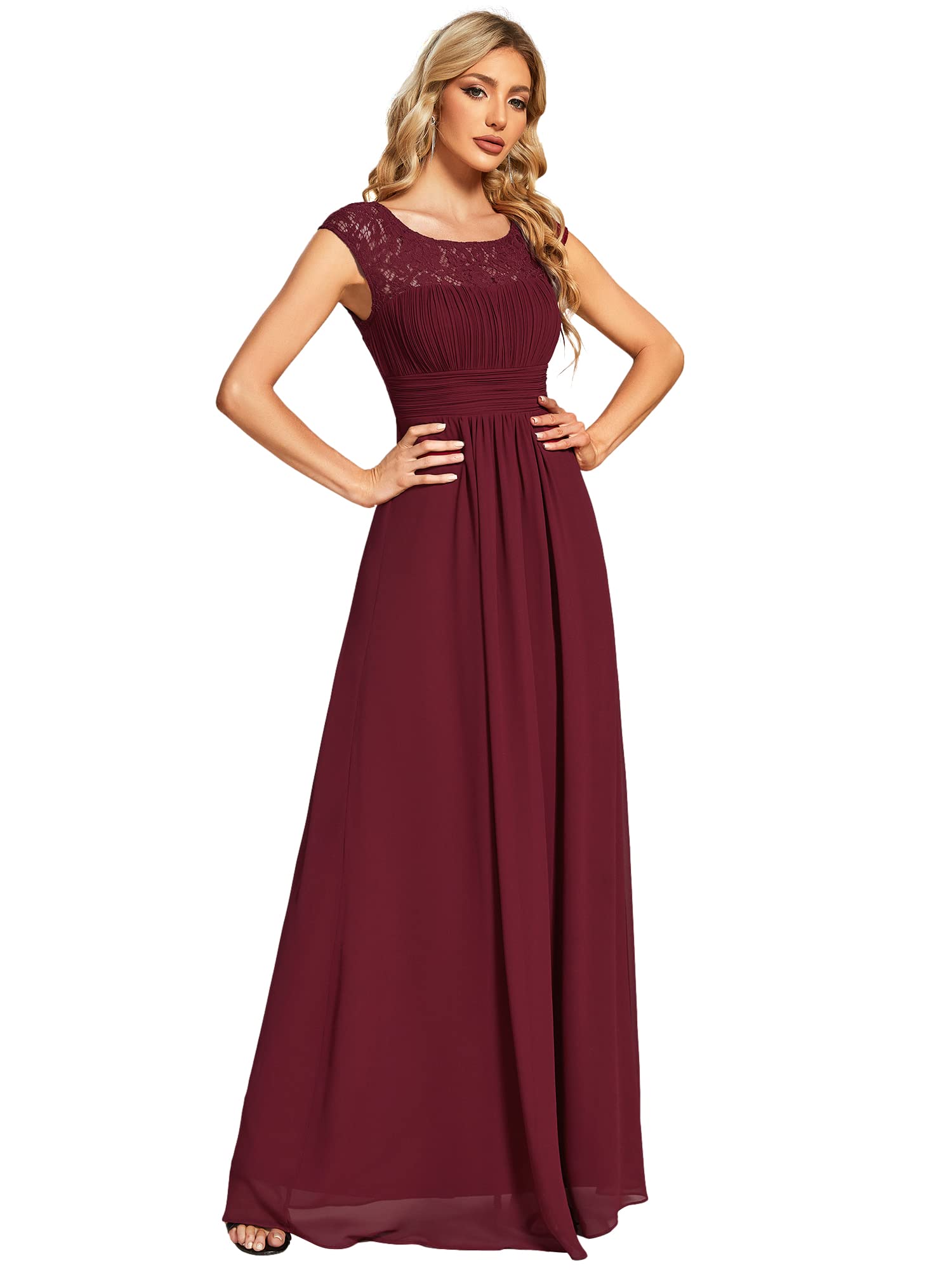 Ever-Pretty Women's Summer Lace Round Neck Pleated Chiffon Bridesmaid Dresses Burgundy US4