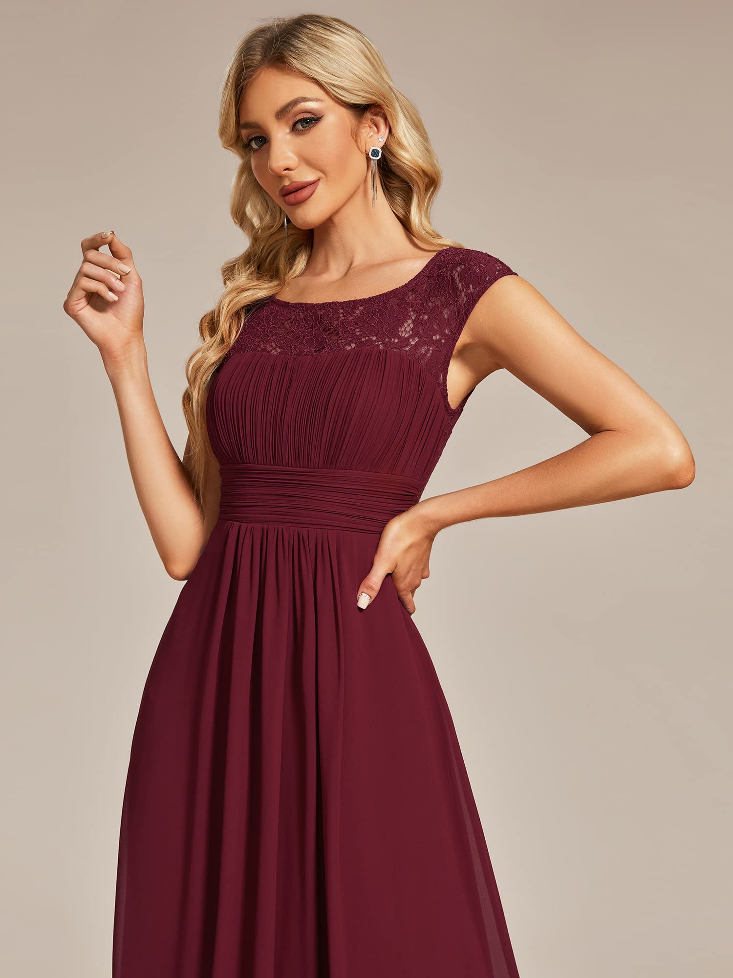 Ever-Pretty Women's Summer Lace Round Neck Pleated Chiffon Bridesmaid Dresses Burgundy US4