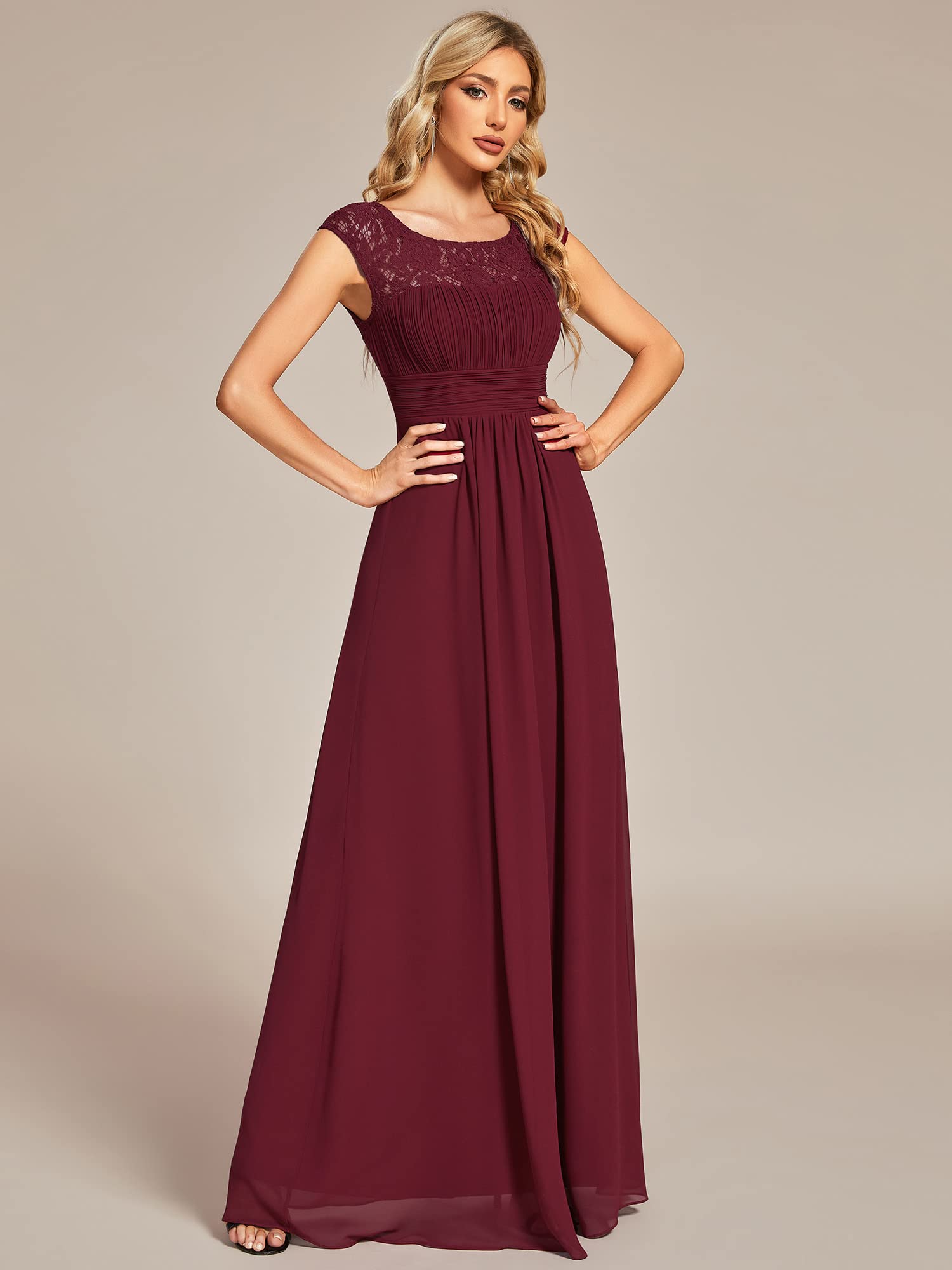 Ever-Pretty Women's Summer Lace Round Neck Pleated Chiffon Bridesmaid Dresses Burgundy US4