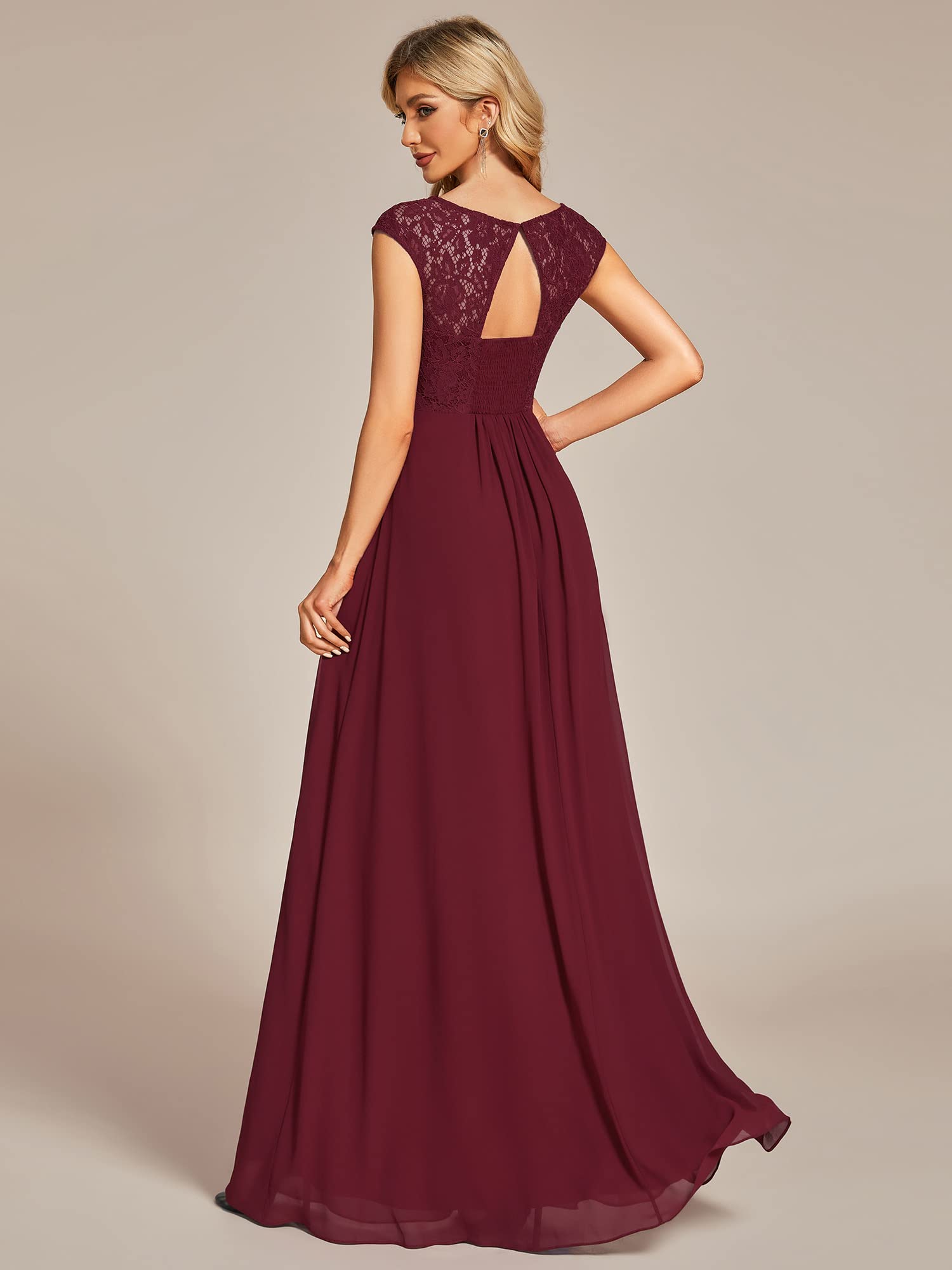 Ever-Pretty Women's Summer Lace Round Neck Pleated Chiffon Bridesmaid Dresses Burgundy US4