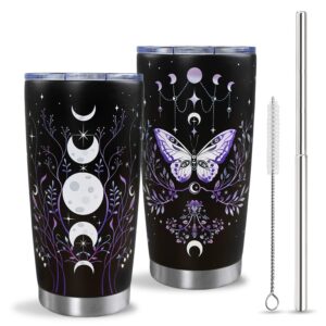 gothic butterfly tumbler with lid and straw, moon phase witch cup water bottle coffee travel mug stainless steel vacuum insulated 20 oz tumblers black purple, goth halloween witchy gifts for women