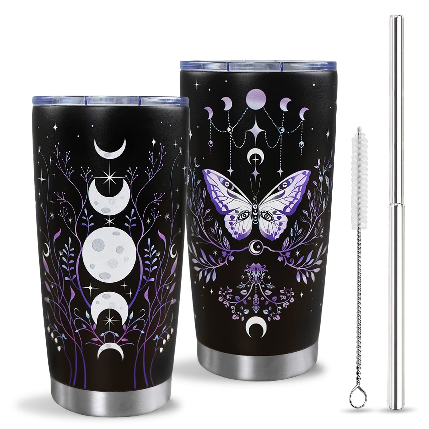 Gothic Butterfly Tumbler with Lid and Straw, Moon Phase Witch Cup Water Bottle Coffee Travel Mug Stainless Steel Vacuum Insulated 20 Oz Tumblers Black Purple, Goth Halloween Witchy Gifts for Women