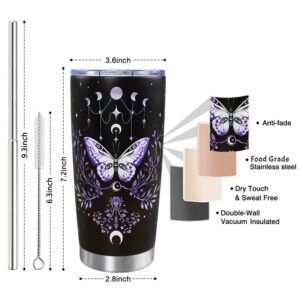 Gothic Butterfly Tumbler with Lid and Straw, Moon Phase Witch Cup Water Bottle Coffee Travel Mug Stainless Steel Vacuum Insulated 20 Oz Tumblers Black Purple, Goth Halloween Witchy Gifts for Women