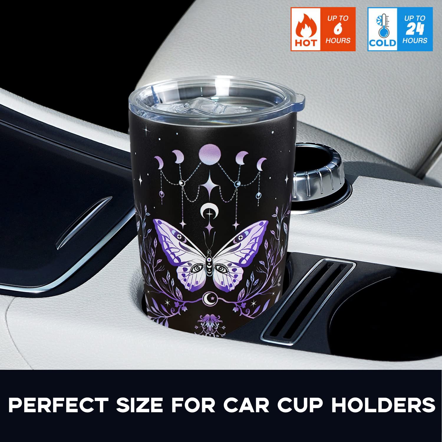 Gothic Butterfly Tumbler with Lid and Straw, Moon Phase Witch Cup Water Bottle Coffee Travel Mug Stainless Steel Vacuum Insulated 20 Oz Tumblers Black Purple, Goth Halloween Witchy Gifts for Women