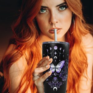 Gothic Butterfly Tumbler with Lid and Straw, Moon Phase Witch Cup Water Bottle Coffee Travel Mug Stainless Steel Vacuum Insulated 20 Oz Tumblers Black Purple, Goth Halloween Witchy Gifts for Women