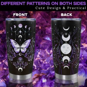 Gothic Butterfly Tumbler with Lid and Straw, Moon Phase Witch Cup Water Bottle Coffee Travel Mug Stainless Steel Vacuum Insulated 20 Oz Tumblers Black Purple, Goth Halloween Witchy Gifts for Women
