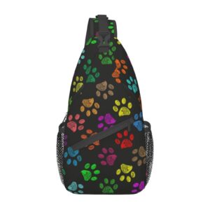 sureruim paw print sling bag for women men crossbody shoulder backpack colorful vibrant colored doodle paw prints seamless pattern chest bags cute animal pet footprints gym bag casual daypack