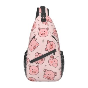 sureruim pink pig sling bag for women men crossbody shoulder backpack seamless pattern of pink pig face cute piggy chest bags funny cartoon animal on pink background gym travel hiking casual daypack