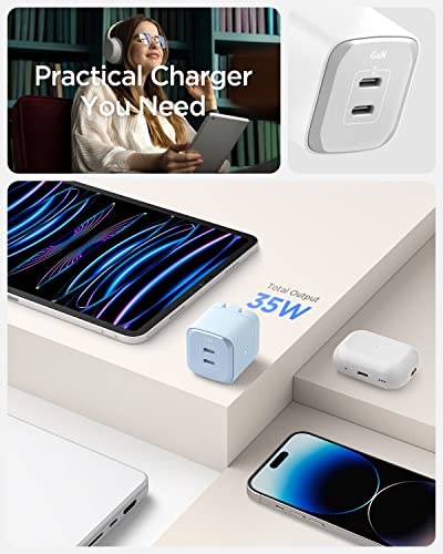 Spigen GaN III 352 35W 2 Ports Compact Foldable Dual USB C Wall Charger PD PPS Fast Charging Block Adapter for iPhone 15 Plus Pro Max 14 13 12 Mini iPad Air AirPods Galaxy S24 S23 S22 S21 Pixel 8 Fold