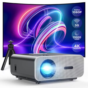 native 1080p projector 4k support, 5g wifi bluetooth portable projector with tripod, 11000l movie projector, 300" display home projector compatible with hdmi/tv stick/ios/android/ps5