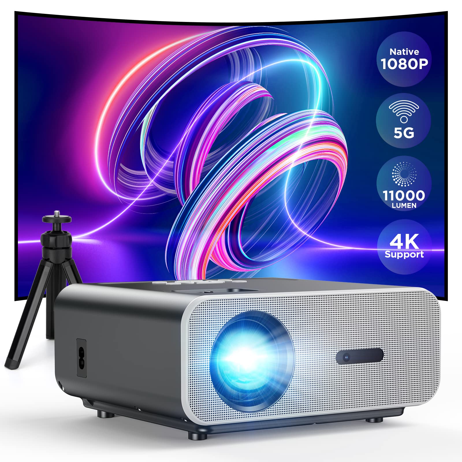 Native 1080P Projector 4K Support, 5G WiFi Bluetooth Portable Projector with Tripod, 11000L Movie Projector, 300" Display Home Projector Compatible with HDMI/TV Stick/iOS/Android/PS5