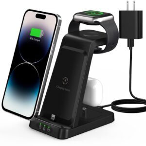 charger station for apple multiple devices,3 in 1 wireless charging station dock stand for apple watch 8 7 6 se 5 4 3 2 iphone fast charger for iphone 14 13 12 11 pro x xs 8 plus & airpods