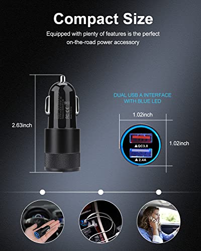 30w Car Charger, Quick Charge 3.0 Cigarette Lighter Adapter, 2 Port Fast Charging Car Plug for iPhone 15 Pro Max 14 13 12 XR X, Galaxy S24 Ultra S23 FE A25 A13 A24, USB Auto Cargador Carro for Travel