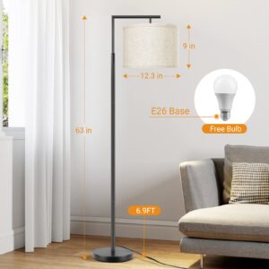 ROTTOGOON Floor Lamp for Living Room with 3-Color Temperature 9W LED Bulb, Modern Standing Lamp with Linen Beige Shade & Foot Switch, Tall Pole Lamp for Bedroom, Study Room, Office, Kids Room (Black)