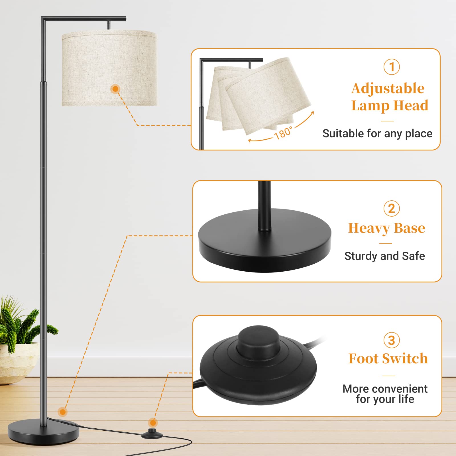 ROTTOGOON Floor Lamp for Living Room with 3-Color Temperature 9W LED Bulb, Modern Standing Lamp with Linen Beige Shade & Foot Switch, Tall Pole Lamp for Bedroom, Study Room, Office, Kids Room (Black)