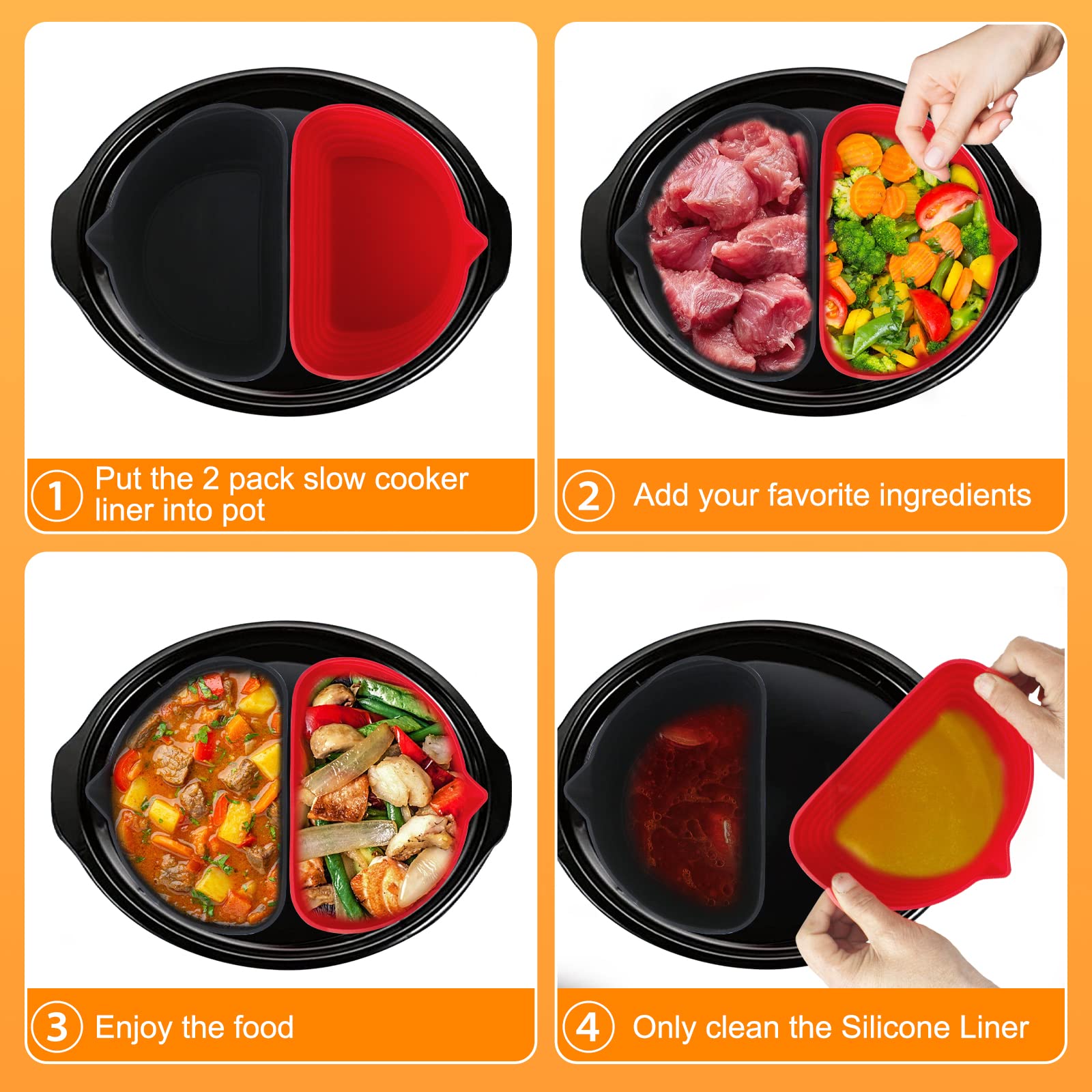 Silicone Slow Cooker Liners, Slow Cooker Divider Liner fit 6 QT Pot, Crock-pot Liners Insert for Most 6 Quart Pot, Reusable/Dishwasher Safe/Cooking Liner(3 pcs Black)