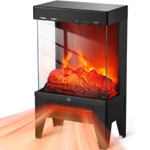 electric fireplace stove, 1500w freestanding fireplace heater with 3-sided view, realistic flame, adjustable brightness and heating mode, thermostat, overheating safe design, etl certified
