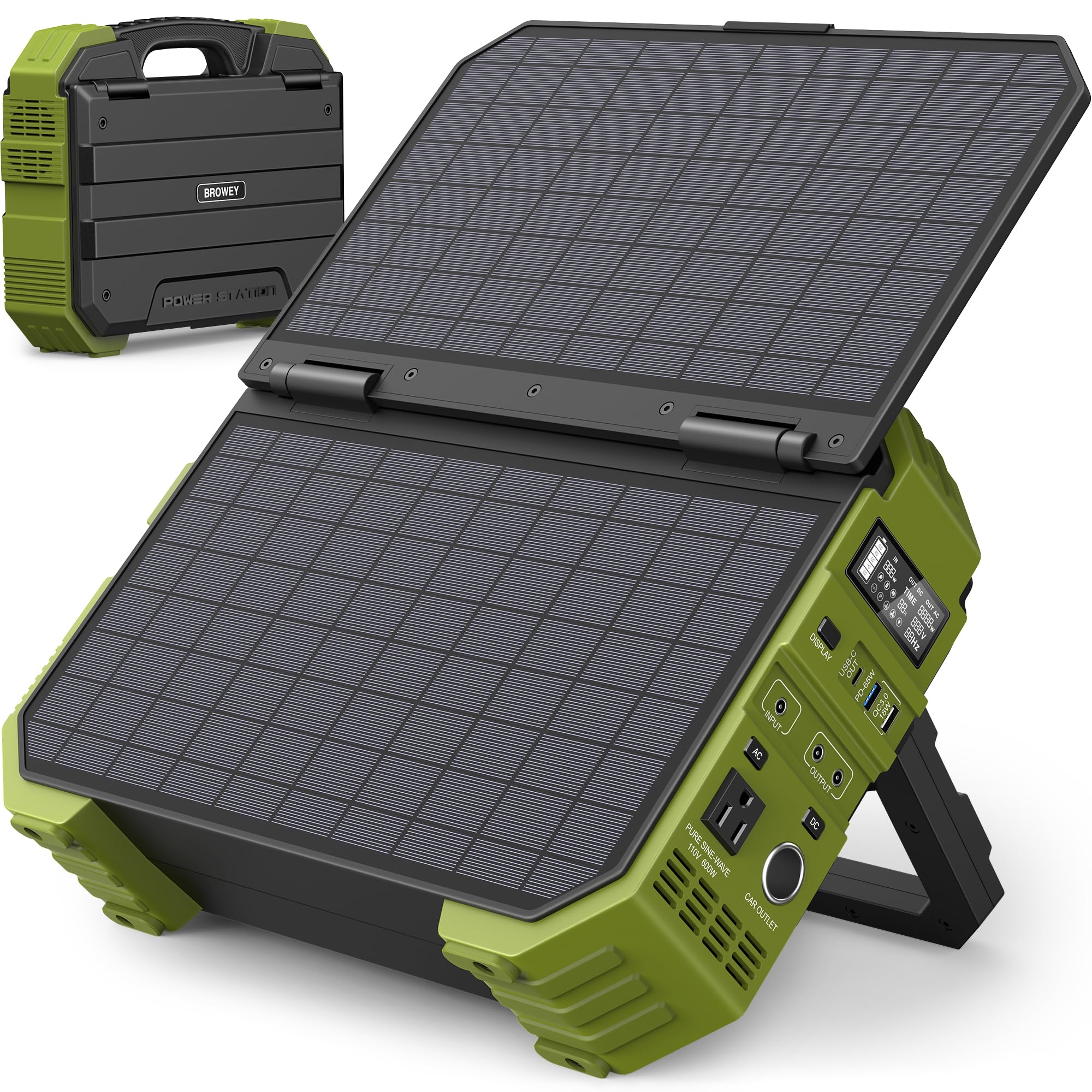 BROWEY Portable Power Station with Built-in Solar Panel, 614WH/192000mAh LiFePO4 Battery Pack, 600W Solar Generator with AC/DC/USB/PD Outputs for Outdoor Camping, RV Travel, Emergency Preparedness