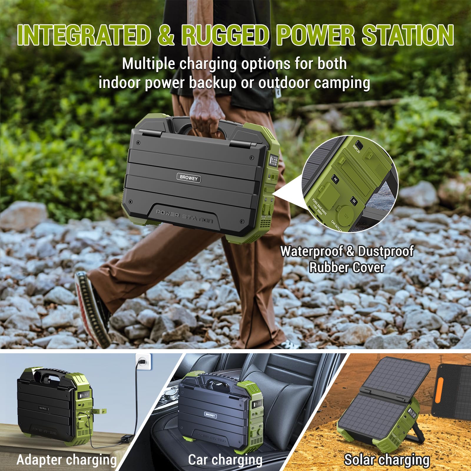 BROWEY Portable Power Station with Built-in Solar Panel, 614WH/192000mAh LiFePO4 Battery Pack, 600W Solar Generator with AC/DC/USB/PD Outputs for Outdoor Camping, RV Travel, Emergency Preparedness