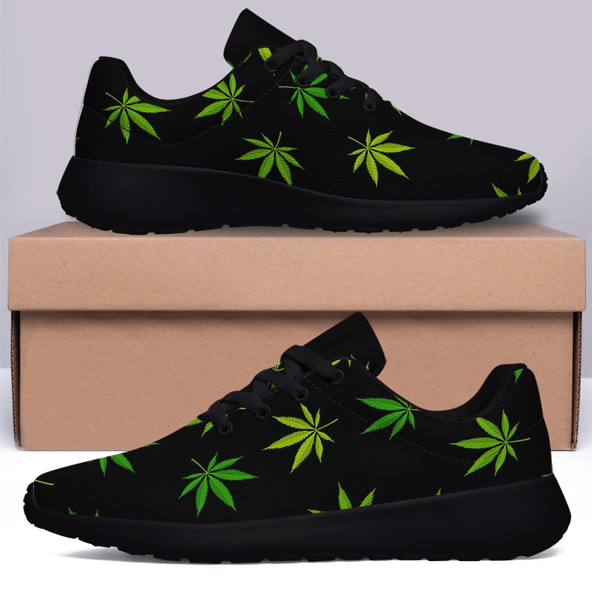 Weed 420 Shoes - Men Women Lightweight Breathable Cannabis Leaf Running Sneakers, Sport Athletic Tennis Shoes for Marijuana Lover Black Size 7