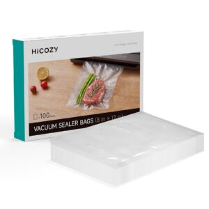 hicozy vacuum sealer bags 100 count 8”x12” for food storage, pre-cut bpa free bag for meal prep or sous vide cooking, safe to microwave, dishwasher, boil, or freeze