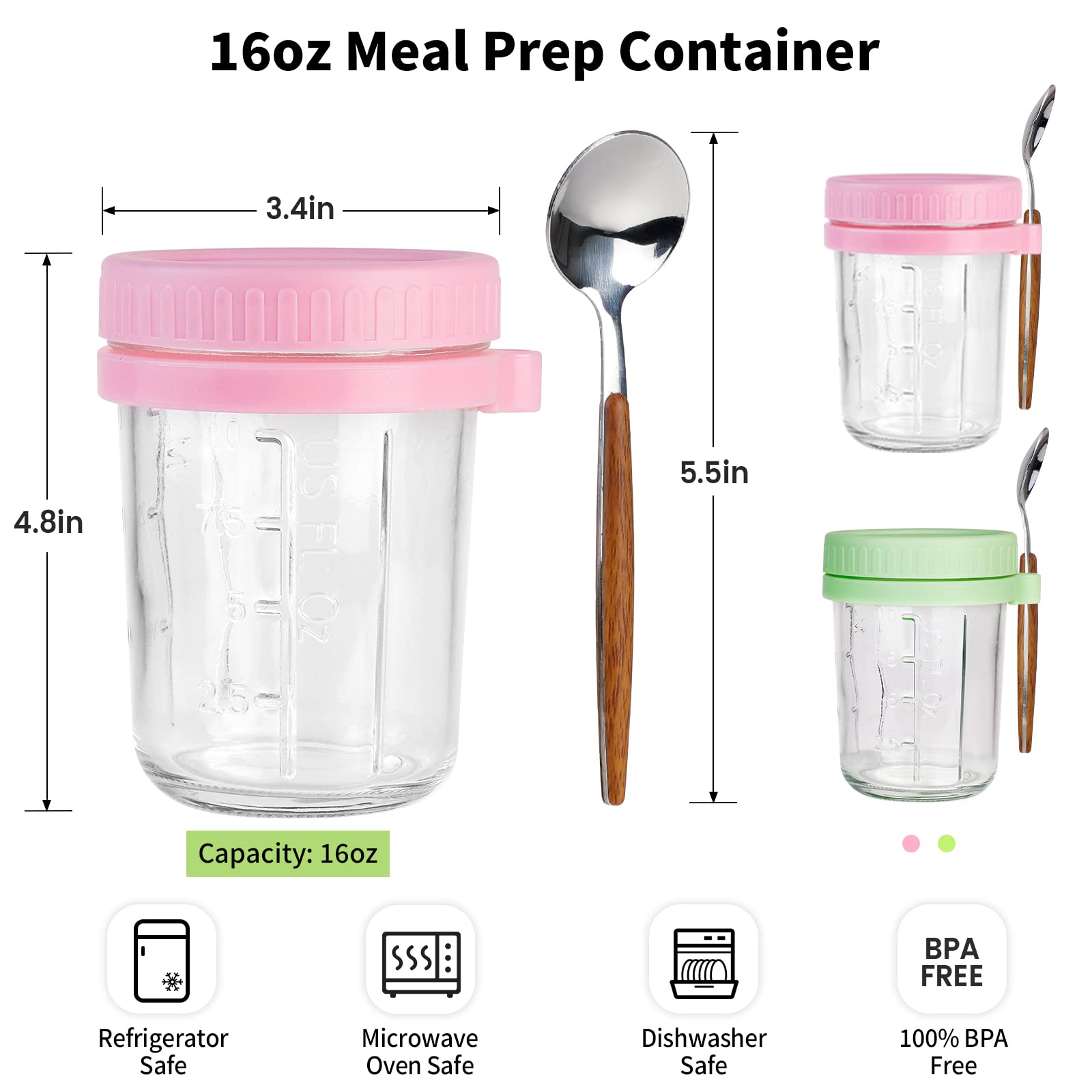 SUREHOME Overnight Oats Containers with Lids and Spoon, 16 Oz Glass Mason Jars for overnight oats oatmeal container to go meal prep jars with Measurement Marks for Pudding Milk Cereal Salad (2 Pack)