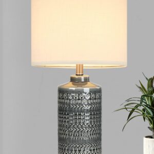 Modern Ceramic Table Lamp, 24.5" Living Room Lamps 3-Way Dimmable Gray Nightstand Lamp with White Shade|Tall Bedside Lamp Desk Decor Lamps for Bedrooms Farmhouse Office End Table Lamps(Bulb Included)