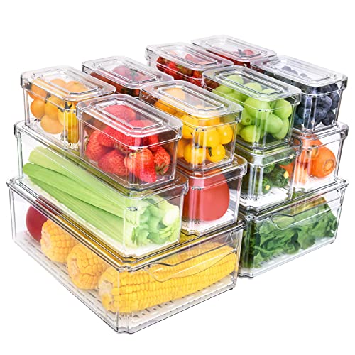 Pomeat 14 Pack Fridge Organizer with Lid, Stackable Refrigerator Organizer Bins, BPA-Free Fridge Organizers and Storage Clear, Fruit Storage Containers for Fridge, Kitchen, Food, Produce, Vegetable