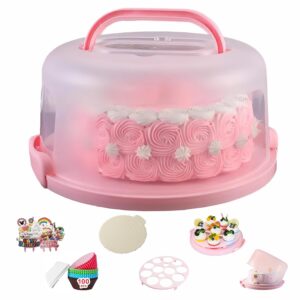 yoution cake box round cake stand with lid and foldable handle. 10 inch portable cake container cake ornaments, suitable for storage birthday cakes. cupcakes. nuts. fruits (pink)
