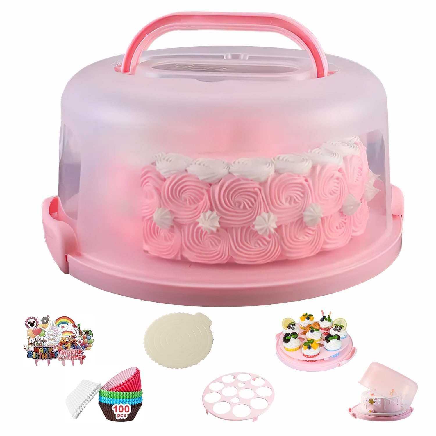 Yoution Cake Box Round Cake Stand with Lid and Foldable Handle. 10 Inch Portable Cake Container Cake Ornaments, Suitable for Storage Birthday Cakes. Cupcakes. Nuts. Fruits (Pink)