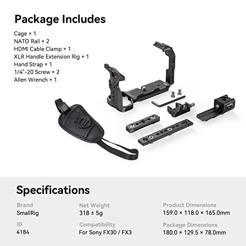 SmallRig Handheld Cage Kit for Sony FX30 FX3 with XLR Handle Extension Rig, Wrist Strap and Clamp for HDMI Cable - 4184