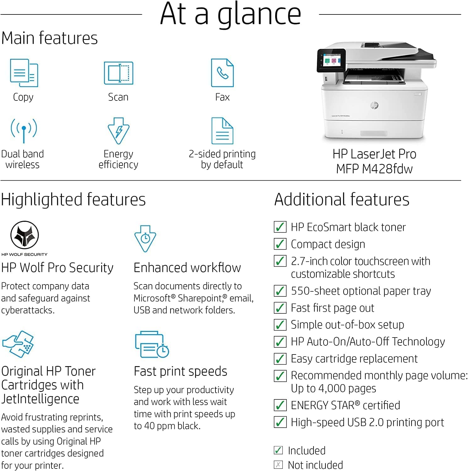 HP Laserjet Pro MFP M428fdw All-in-One Wireless Monochrome Laser Printer for Home Business Office, White - Print Scan Copy Fax - 40 ppm, 50-Sheet ADF, 1200 x 1200 dpi, Auto Duplex Printing, Ethernet