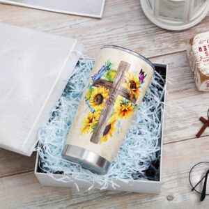 20 oz Stainless Steel Tumbler Christian Gift for Women Religious Inspirational Gifts Faith Vintage Cross Bible Vacuum Insulated Travel Coffee Mug for Women Friend Easter Birthday Gift (Sunflower)