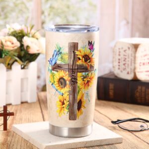 20 oz Stainless Steel Tumbler Christian Gift for Women Religious Inspirational Gifts Faith Vintage Cross Bible Vacuum Insulated Travel Coffee Mug for Women Friend Easter Birthday Gift (Sunflower)