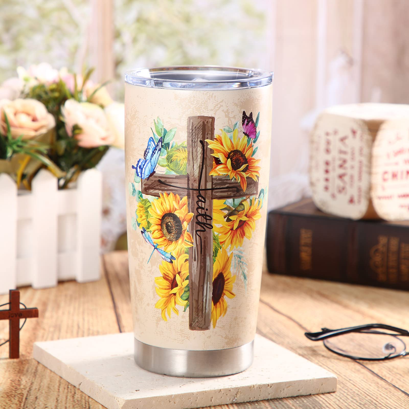 20 oz Stainless Steel Tumbler Christian Gift for Women Religious Inspirational Gifts Faith Vintage Cross Bible Vacuum Insulated Travel Coffee Mug for Women Friend Easter Birthday Gift (Sunflower)