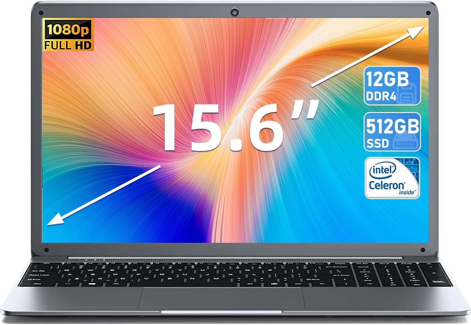 SGIN Laptop 12GB RAM 512GB SSD, 15.6 Inch Laptops with Intel Celeron Quad-Core Processor(up to 2.9 GHz), Full HD 1080P Screen, Mini HDMI, 2.4/5.0G WiFi, Webcam, Bluetooth 4.2, Grey