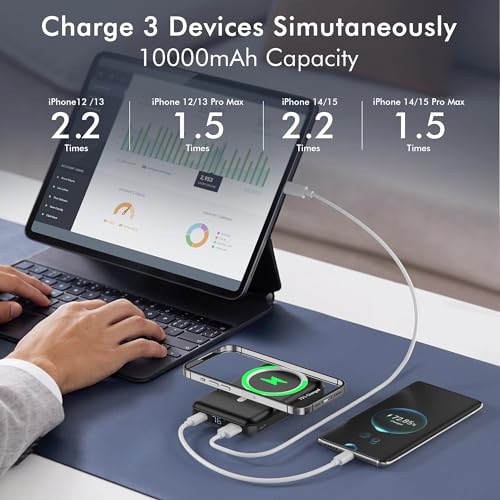 podoru Magnetic Power Bank, Foldable 10000mAh Wireless Magnetic Portable Charger with USB-C Cable LED Display 22.5W PD Fast Charging Magnetic Battery Pack for iPhone 15/14/13/12/Mini/Pro Max-Black