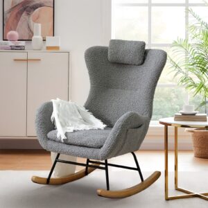 kinffict accent rocking chair, tufted upholstered glider rocker for nursery, comfy armchair with side pockets, modern lounge arm chair for living room, bedroom (upgraded teddy gray)