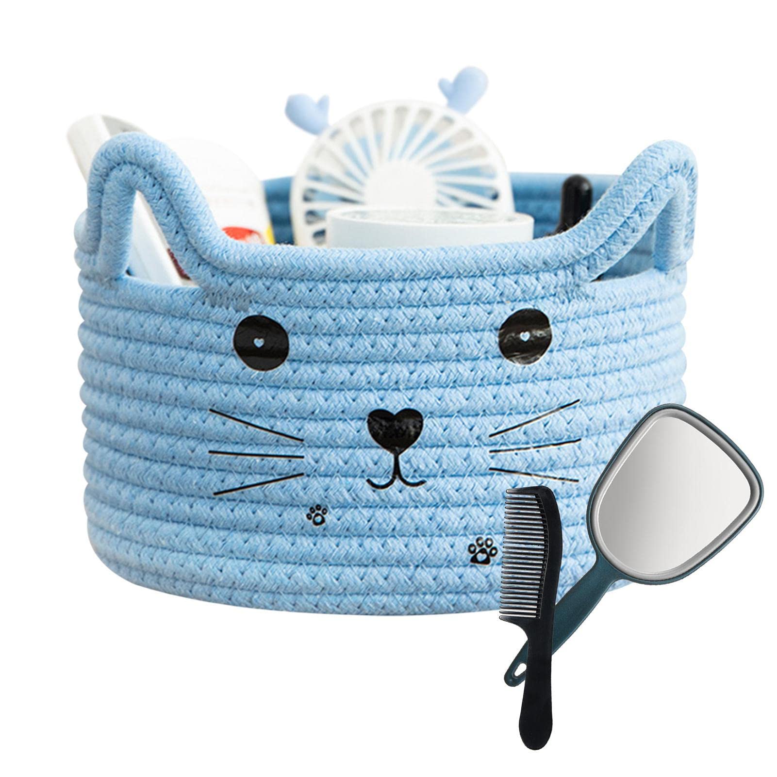 Baby Easter Basket, Cat Ear Cotton Woven Desktop Storage Basket, Cotton Rope Basket, Egg Hunt Bunny Baskets for Kids with Cute Rabbit Ears, Decorative Pet Cotton Rope Storage Basket